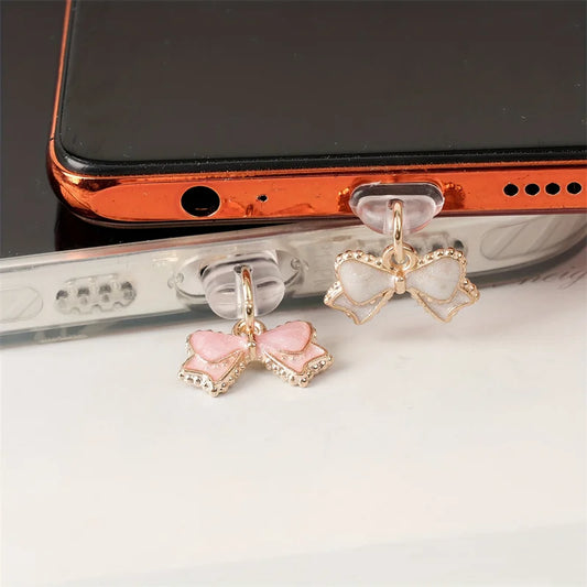 Beautiful Pink and White Bowknot Phone Dust Plug